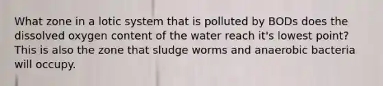 What zone in a lotic system that is polluted by BODs does the dissolved oxygen content of the water reach it's lowest point? This is also the zone that sludge worms and anaerobic bacteria will occupy.