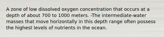 A zone of low dissolved oxygen concentration that occurs at a depth of about 700 to 1000 meters. -The intermediate-water masses that move horizontally in this depth range often possess the highest levels of nutrients in the ocean.