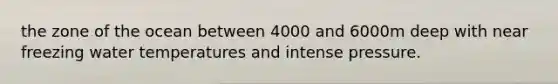 the zone of the ocean between 4000 and 6000m deep with near freezing water temperatures and intense pressure.