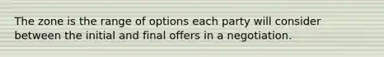 The zone is the range of options each party will consider between the initial and final offers in a negotiation.