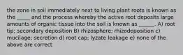 the zone in soil immediately next to living plant roots is known as the _____ and the process whereby the active root deposits large amounts of organic tissue into the soil is known as ______. A) root tip; secondary deposition B) rhizosphere; rhizodeposition c) mucilage; secretion d) root cap; lyzate leakage e) none of the above are correct