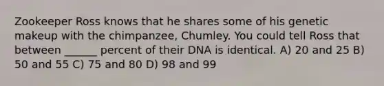 Zookeeper Ross knows that he shares some of his genetic makeup with the chimpanzee, Chumley. You could tell Ross that between ______ percent of their DNA is identical. A) 20 and 25 B) 50 and 55 C) 75 and 80 D) 98 and 99