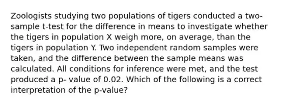 Zoologists studying two populations of tigers conducted a two-sample t-test for the difference in means to investigate whether the tigers in population X weigh more, on average, than the tigers in population Y. Two independent random samples were taken, and the difference between the sample means was calculated. All conditions for inference were met, and the test produced a p- value of 0.02. Which of the following is a correct interpretation of the p-value?