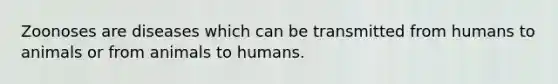 Zoonoses are diseases which can be transmitted from humans to animals or from animals to humans.
