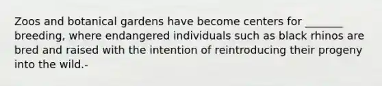 Zoos and botanical gardens have become centers for _______ breeding, where endangered individuals such as black rhinos are bred and raised with the intention of reintroducing their progeny into the wild.-