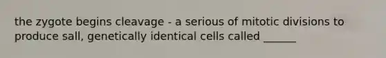 the zygote begins cleavage - a serious of mitotic divisions to produce sall, genetically identical cells called ______