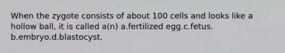 When the zygote consists of about 100 cells and looks like a hollow ball, it is called a(n) a.fertilized egg.c.fetus. b.embryo.d.blastocyst.