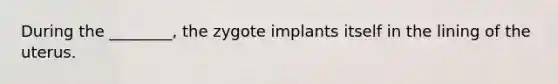 During the ________, the zygote implants itself in the lining of the uterus.