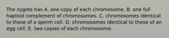 The zygote has A. one copy of each chromosome. B. one full haploid complement of chromosomes. C. chromosomes identical to those of a sperm cell. D. chromosomes identical to those of an egg cell. E. two copies of each chromosome.