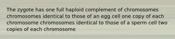 The zygote has one full haploid complement of chromosomes chromosomes identical to those of an egg cell one copy of each chromosome chromosomes identical to those of a sperm cell two copies of each chromosome