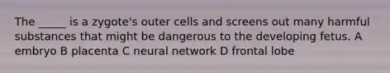 The _____ is a zygote's outer cells and screens out many harmful substances that might be dangerous to the developing fetus. A embryo B placenta C neural network D frontal lobe