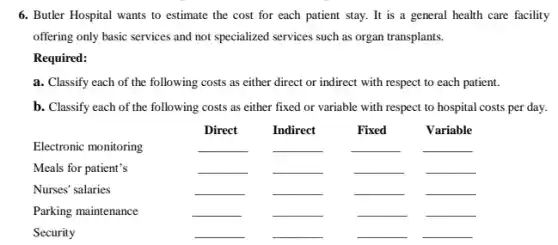 6. Butler Hospital wants to estimate the cost for each patient stay. It is a general health care facility offering only basic services and not specialized services such as organ transplants.
Required:
a. Classify each of the following costs as either direct or indirect with respect to each patient.
b. Classify each of the following costs as either fixed or variable with respect to hospital costs per day.

Electronic monitoring & Direct & Indirect & Fixed & Variable 
Meals for patient's & - & - & - 
Nurses' salaries & - & - & - 
Parking maintenance & - & - & - 
Security & - & - & -