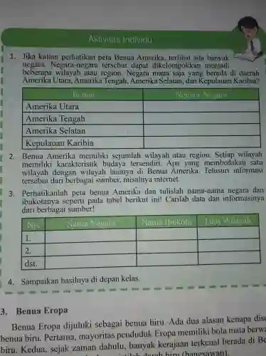 Aktivitas Individu
1. Jika kalian perhatikan peta Benua Amerika , terlihat ada banyak
negara . Negara-negara tersebut dapat dikelompokkan menjadi
beberapa wilayah atau region. Negara mana saja yang berada di daerah
Amerika Utara , Amerika Tengah , Amerika Selatan, dan Kepulauan Karibia?
square 
square 
square 
square 
2. Benua Amerika memiliki sejumlah wilayah atau region . Setiap wilayah
memiliki karakteristik budaya tersendiri. Apa yang membedakan satu
wilayah dengan wilayah lainnya di Benua . Amerika . Telusuri informasi
tersebut dari berbagai sumber , misalnya internet.
3 . Perhatikanlah peta benua Amerika dan tulislah nama -nama negara dan
ibukotanya seperti pada tabel berikut ini! Carilah data dan informasinya
dari berbagai sumber!
square 
square 
square 
square 
square 
square 
square 
square 
square 
4. Sampaikan hasilnya di depan kelas.
3. Benua Eropa
Benua Eropa dijuluki sebagai benua biru Ada dua alasan kenapa dise
benua biru . Pertama , mayoritas penduduk Eropa memiliki bola mata berw
biru. Kedua , sejak zaman dahulu , banyak kerajaan terkenal berada di Be
hiru (bangsawan).