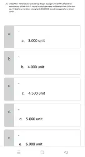 e
23. CV Sejahtera memproduksi suatu barang dengan biaya per unit Rp6000,00 dan biaya
oprasionalnya Rp2000.000,00 barang tersebut akan dijual seharga Rp10.000,00 per unit.
Agar CV Sejahtera mendapat untung Rp10.000.000,00 banyak arang yang harus terjual
adalah.... __
a
a. 3.000 unit
b
b. 4.000 unit
C
c. 4.500 unit
d
d. 5.000 unit
e. 6.000 unit