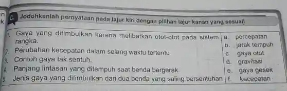 C. Jodohkanlah pernyataan pada Jajur kiri dengan pilihan lajur kanan yang sesuai!
1. Gaya yang ditimbulkan karena melibatkan otot-otot pada sistem
rangka.
2. Perubahan kecepatan dalam selang waktu tertentu
3. Contoh gaya tak sentuh.
4. Panjang lintasan yang ditempuh saat benda bergerak.
5. Jenis gaya yang ditimbulkan dari dua benda yang saling bersentuhan
a. percepatan
b. jarak tempuh
C. gaya otot
d. gravitasi
e. gaya gesek
f. kecepatan